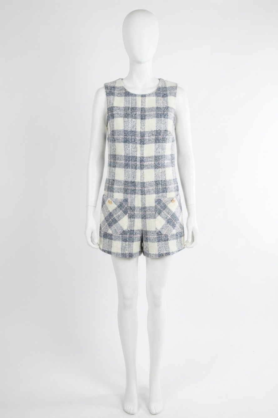 NEW DAY + MOON leigh plaid tweed romper in grey/ ivory